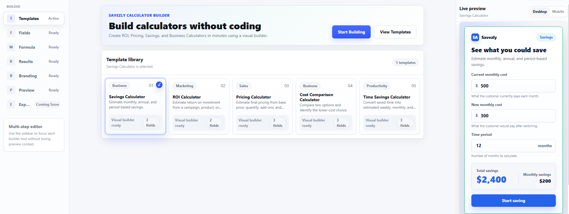 Savezly Calculator Builder interface showing the template library and live calculator preview